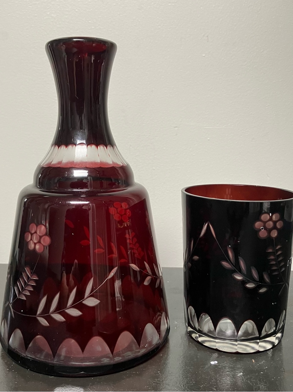 Ruby Red Etched Glass Decanter and Tumbler Set